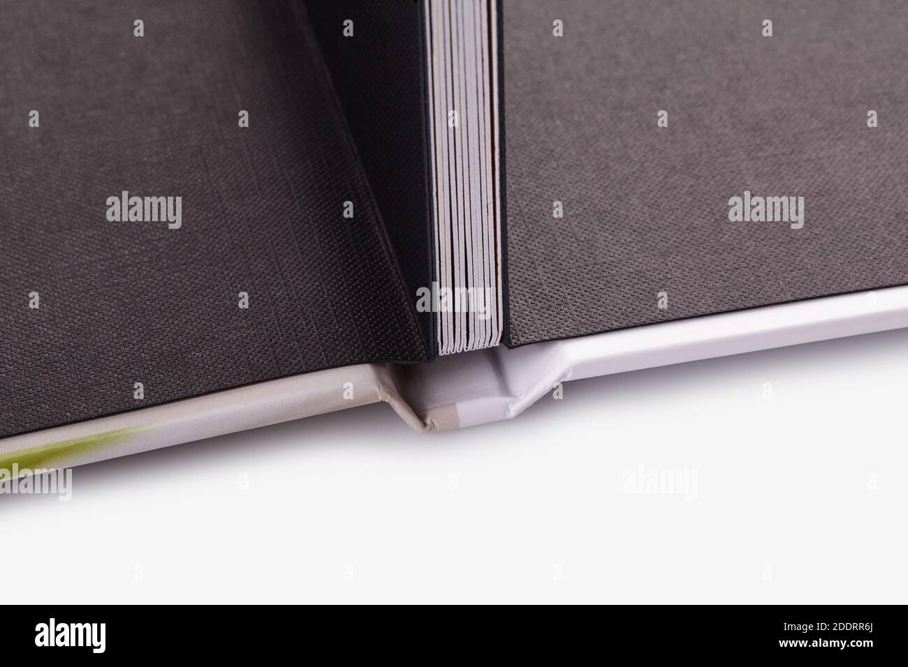 Libro fotografico aperto di alta qualità con hardback, in copertina colorata su sfondo bianco dello studio. Primo piano, spazio di copia Foto Stock
