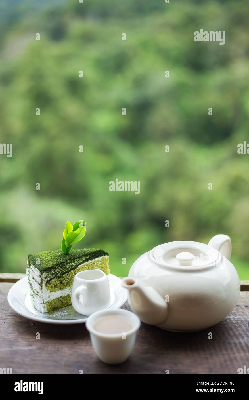 tazza di tè sul tavolo di legno di fronte al bellissimo tè piantagione e montagna al mattino Foto Stock
