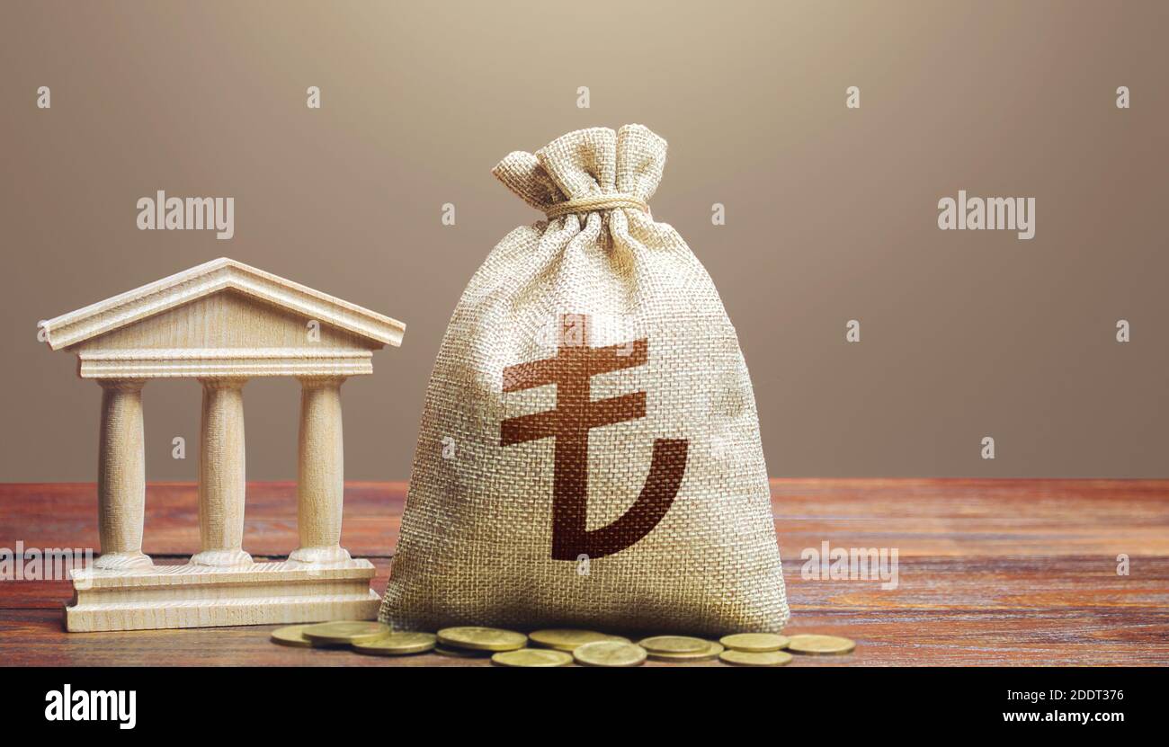Borsa di denaro lira turca e edificio bancario/governativo. Politica monetaria. Riscossione delle imposte e budget. Sostenere le imprese in tempi di crisi. Prestiti l Foto Stock