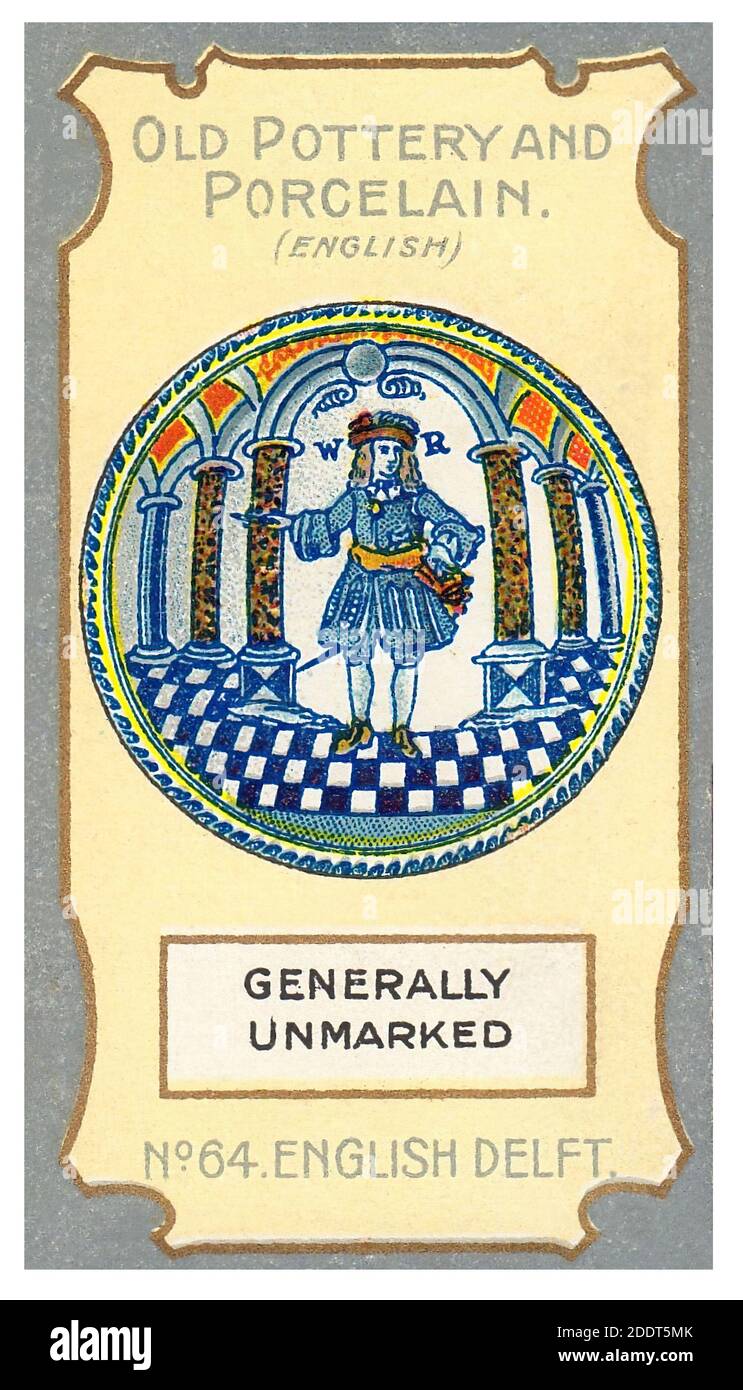 Carte di sigarette antiche. Sigarette di Lea, (serie di ceramiche antiche inglesi e porcellane). Inglese Delft Plate. L'immagine sul piatto è Guglielmo III re di Foto Stock