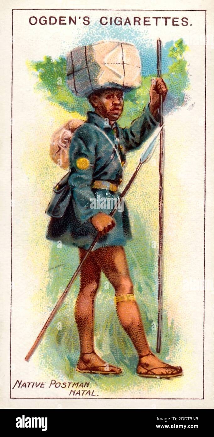 Carte di sigarette antiche. Sigarette di Ogden (serie di Royal Mail). Postman nativo (18), Provincia Natal, Africa del Sud. 1909 Foto Stock