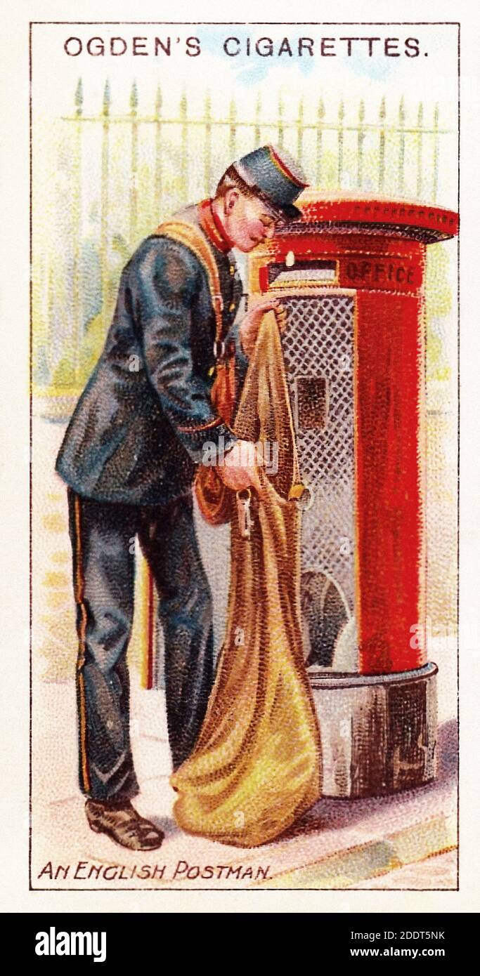 Carte di sigarette antiche. Sigarette di Ogden (serie di Royal Mail). Un postino inglese (23), Gran Bretagna, 1909 Foto Stock