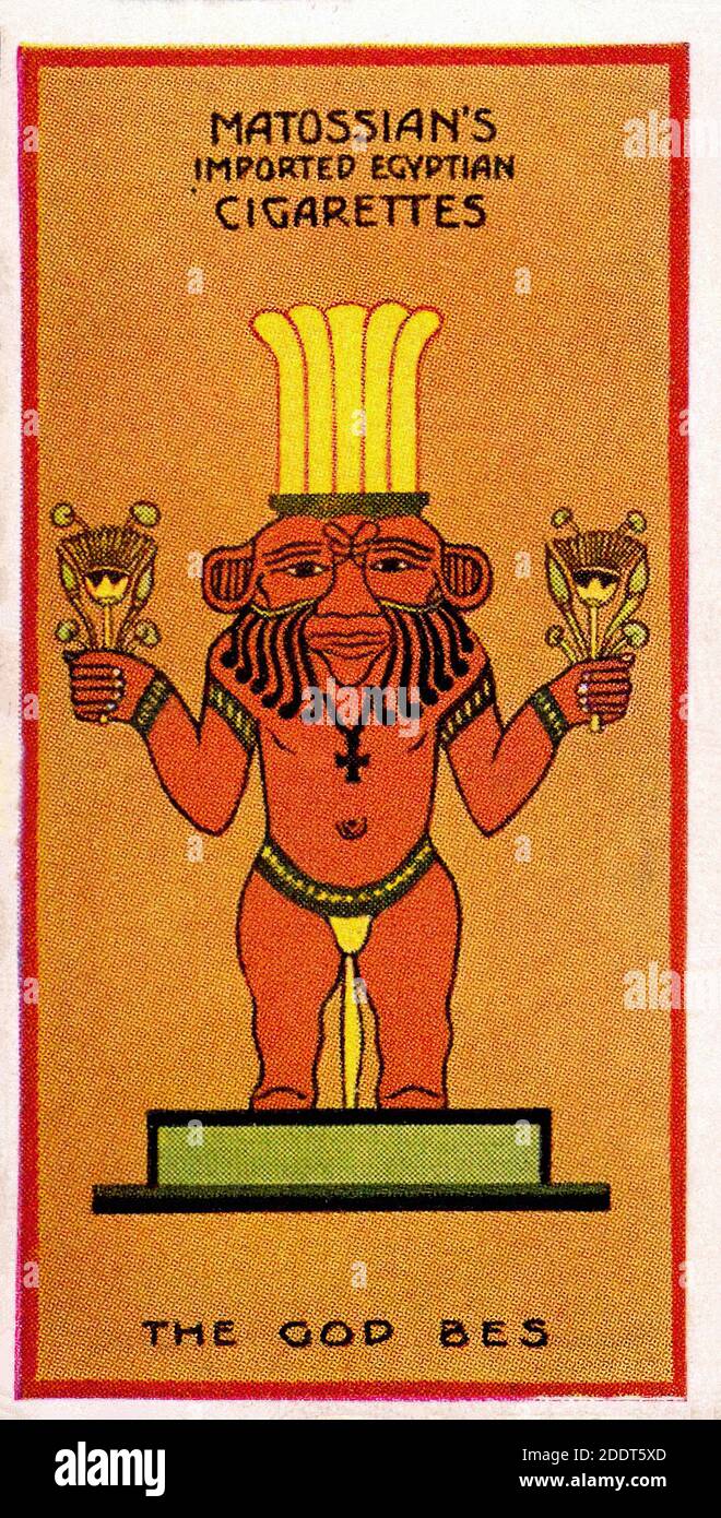 Carte di sigarette antiche. Henly & Watkins sigarette (serie antichi dei egizi). Il Dio Bes. 1924 Bes (Bisu), insieme al suo controfitto femminile Foto Stock