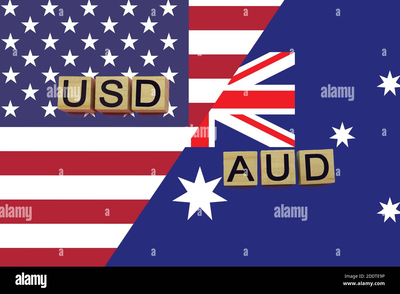 Le valute americane e australiane sono codifiche in base alle bandiere nazionali. Valute USD e AUD Foto Stock