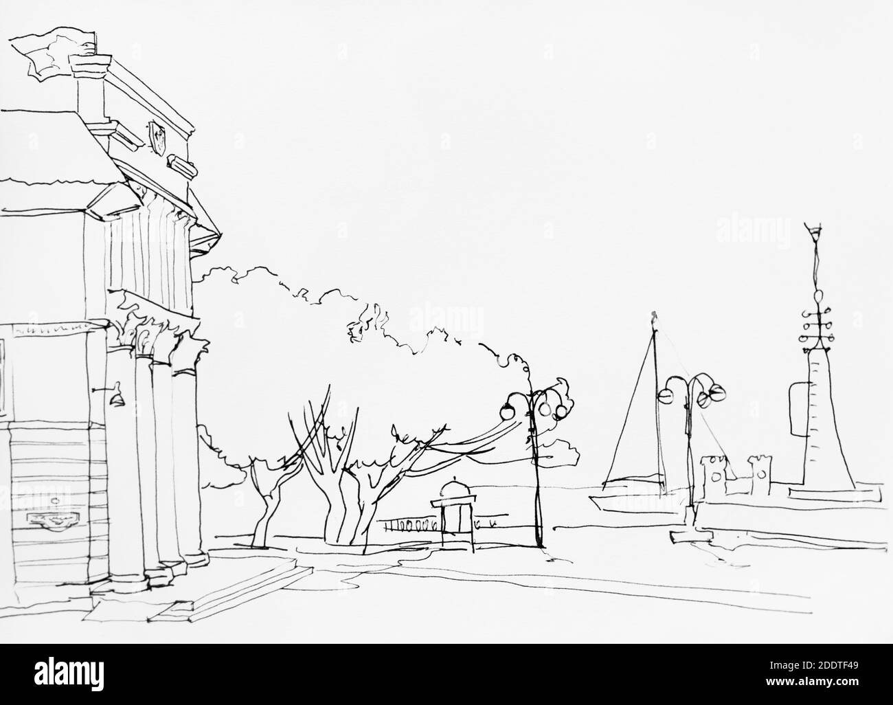 Paesaggio urbano lineart della città di Gelendgik, vista in terrapieno al municipio, Russia, disegno di disegno originale Foto Stock