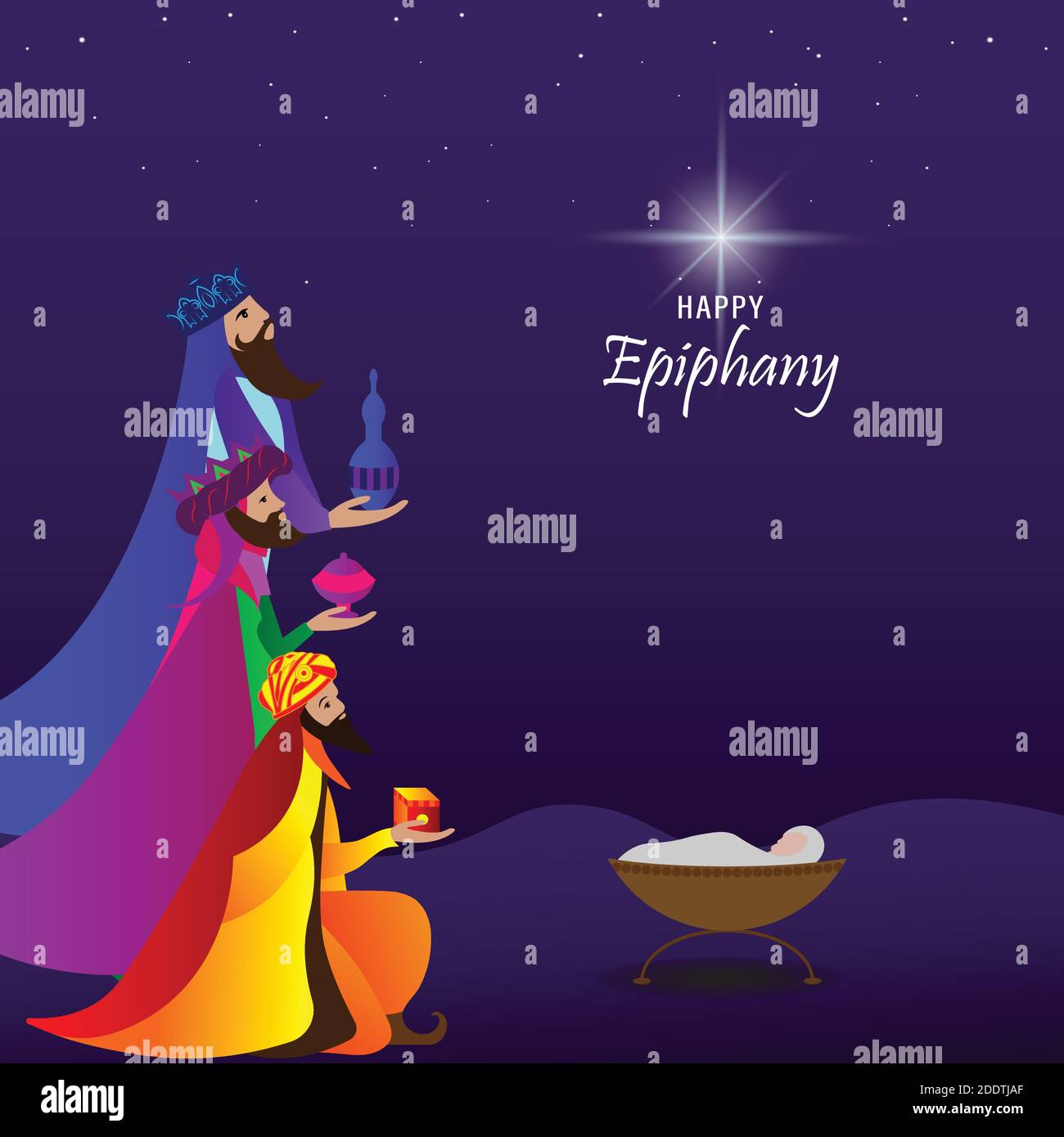 Illustrazione vettoriale di Epifania, una festa cristiana. Gesù Cristo subito dopo la sua nascita. Astratto 3 re che guardano la stella in oscuro sfondo di notte Illustrazione Vettoriale