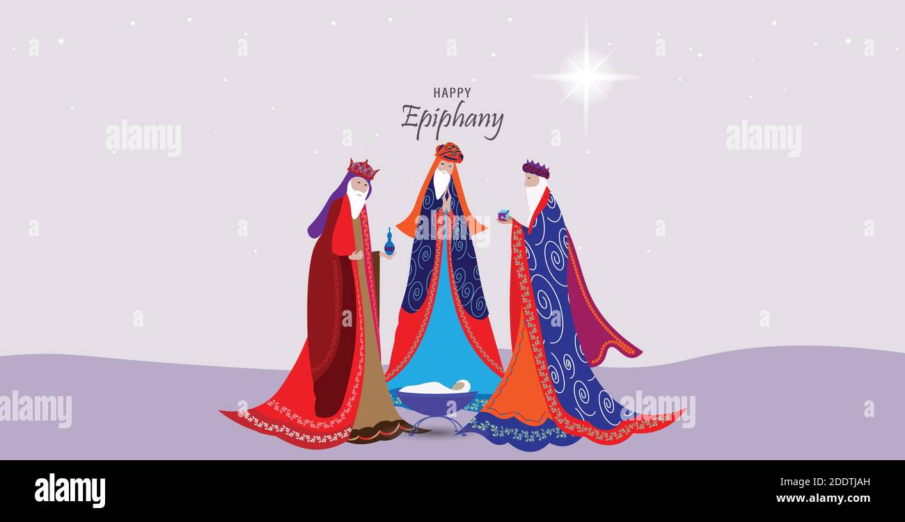 Illustrazione vettoriale di Epifania, una festa cristiana. Gesù Cristo subito dopo la sua nascita. Astratto 3 re che guardano la stella in oscuro sfondo di notte Illustrazione Vettoriale