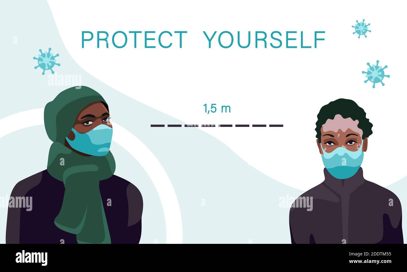 Donne nere e vitiligine in maschere su sfondo bianco. Dettanza sociale per banner o propaganda sociale, promozione dell'igiene, poster medico. Farmacia Illustrazione Vettoriale