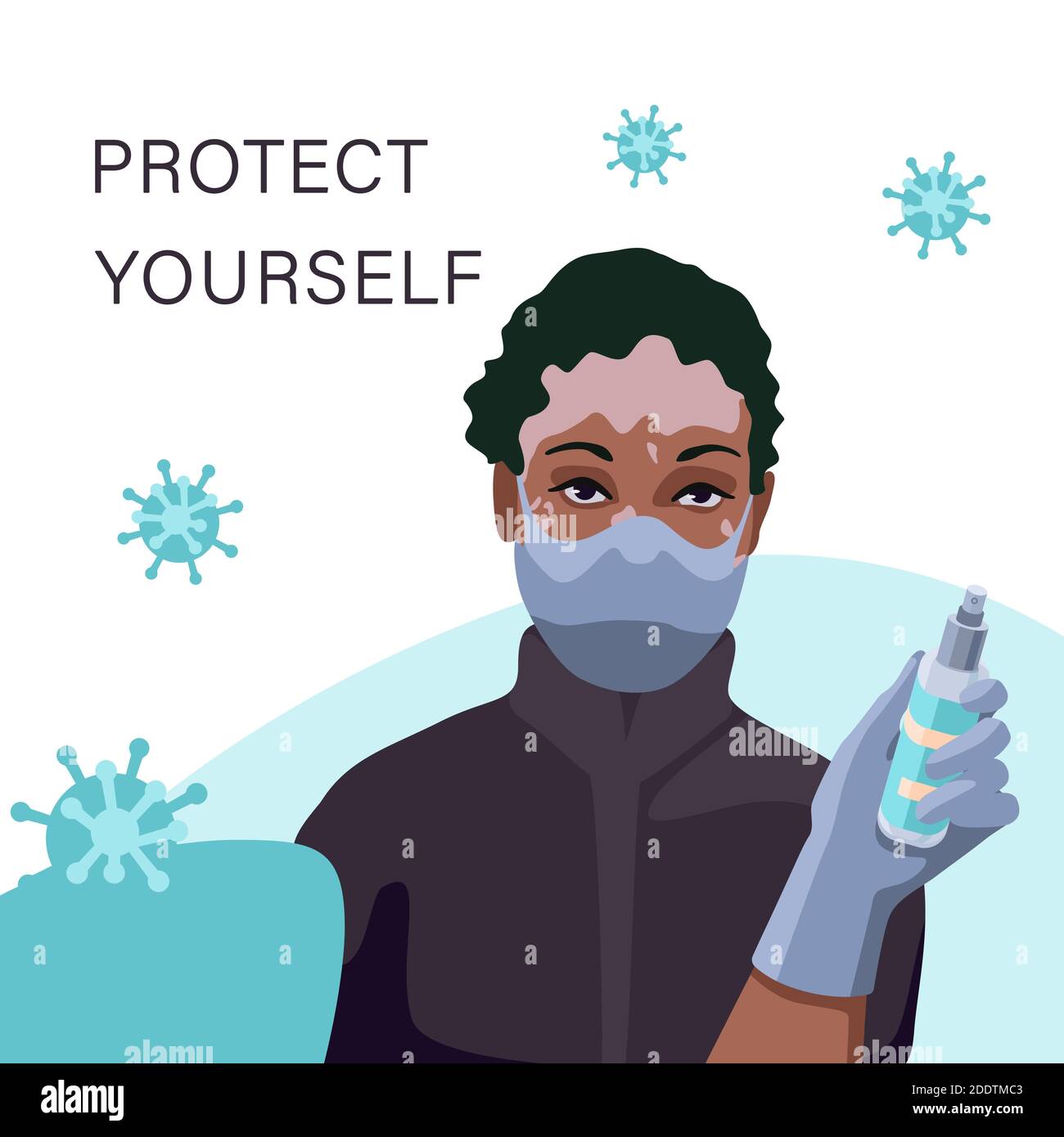 Donna vitiligina in maschera con spray antisettico su sfondo bianco. Proteggetevi poster di testo per banner o propaganda sociale, promozione dell'igiene, medic Illustrazione Vettoriale