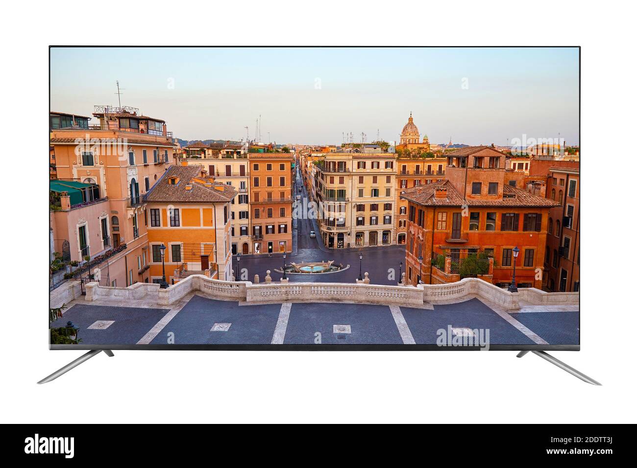 TV 4K moderno con vista panoramica di Roma La scalinata di Spagna isolato su sfondo bianco Foto Stock