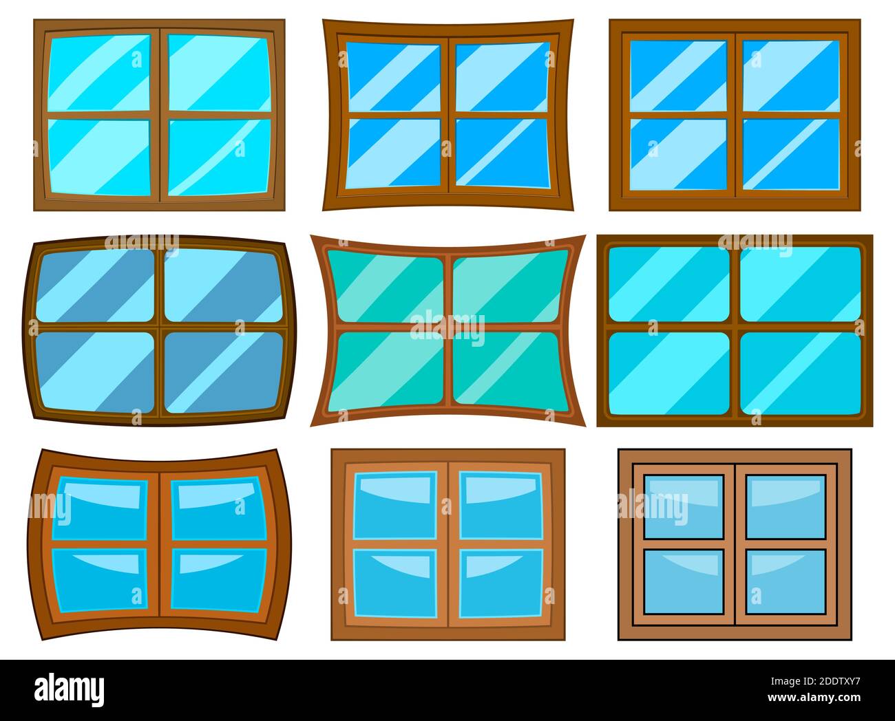 Windows impostato isolato su sfondo bianco. Collezione di cartoni animati con vetro chiuso con cornice in legno. Elemento classico per la costruzione di case cli Illustrazione Vettoriale