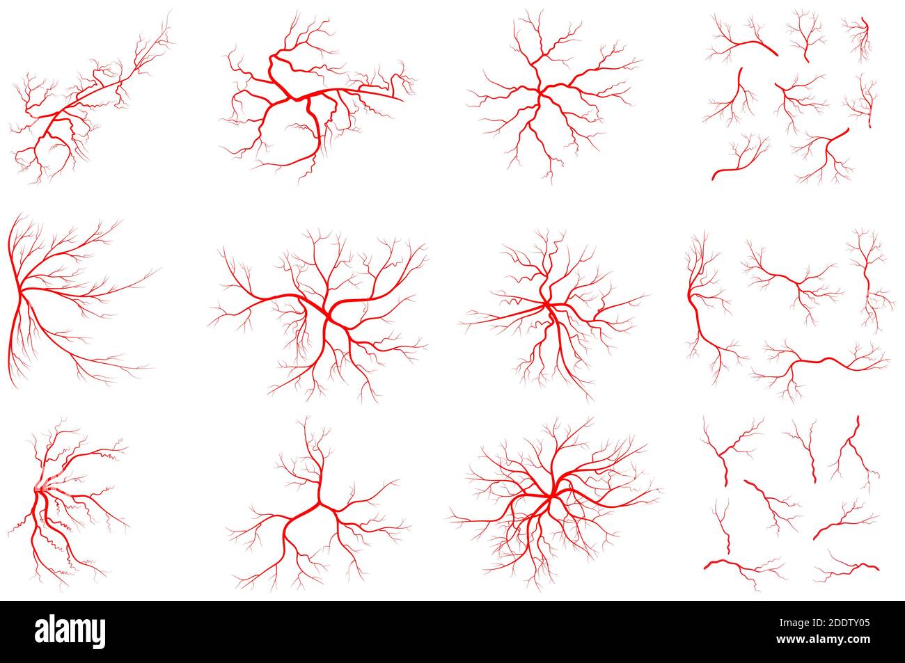 Immagine del set di vena isolata su sfondo bianco. Raccolta del grafico del sistema del sangue umano. Vaso rosso, disegno delle arterie. Gruppo di icone anatomiche. Vect Illustrazione Vettoriale