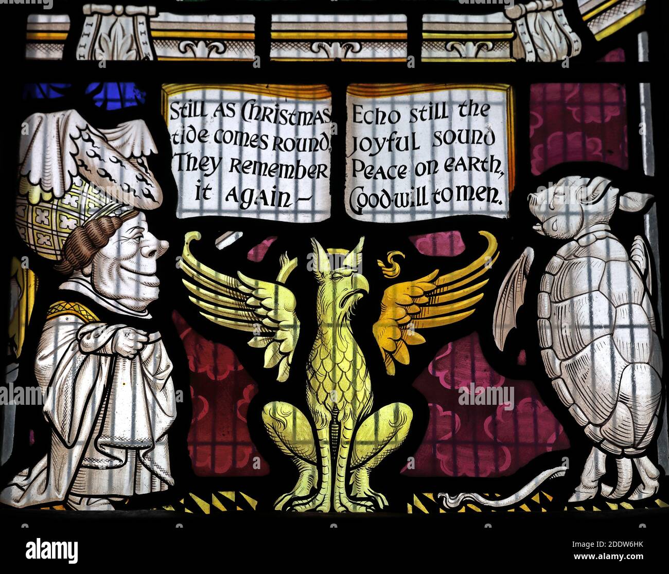 Finestra di Lewis Carroll, tutti i santi, Daresbury Village, Warrington, Cheshire, Mock Turtle, il Gryphon, ancora come marea di natale viene rotondo Foto Stock