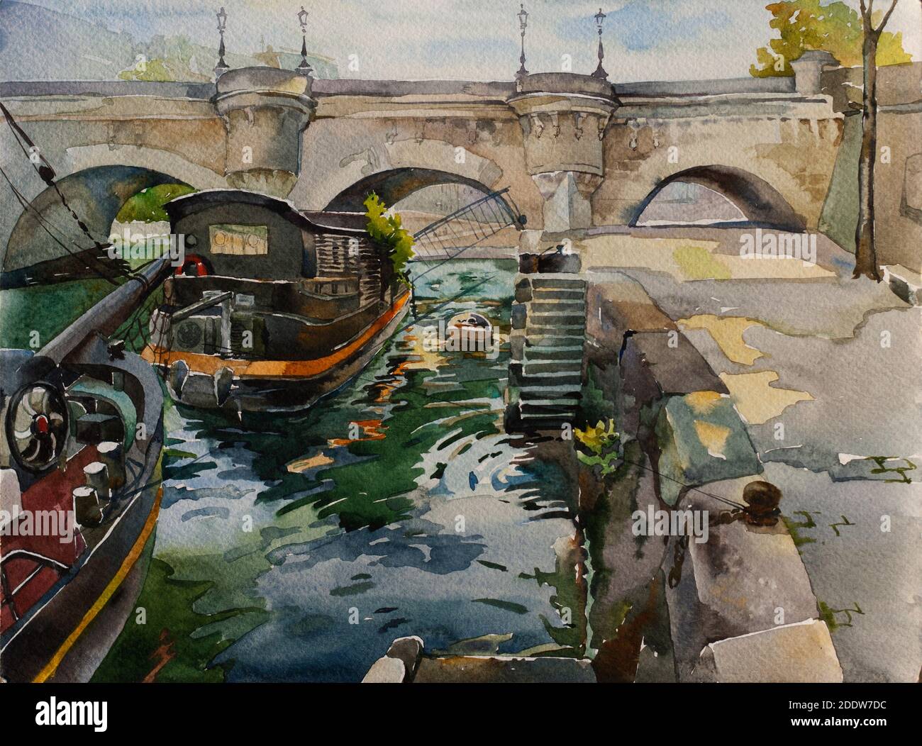 Pont Neuf a Parigi con argine e navi sul fiume Sena, originale acquerello illustrazione paesaggio Francia Foto Stock