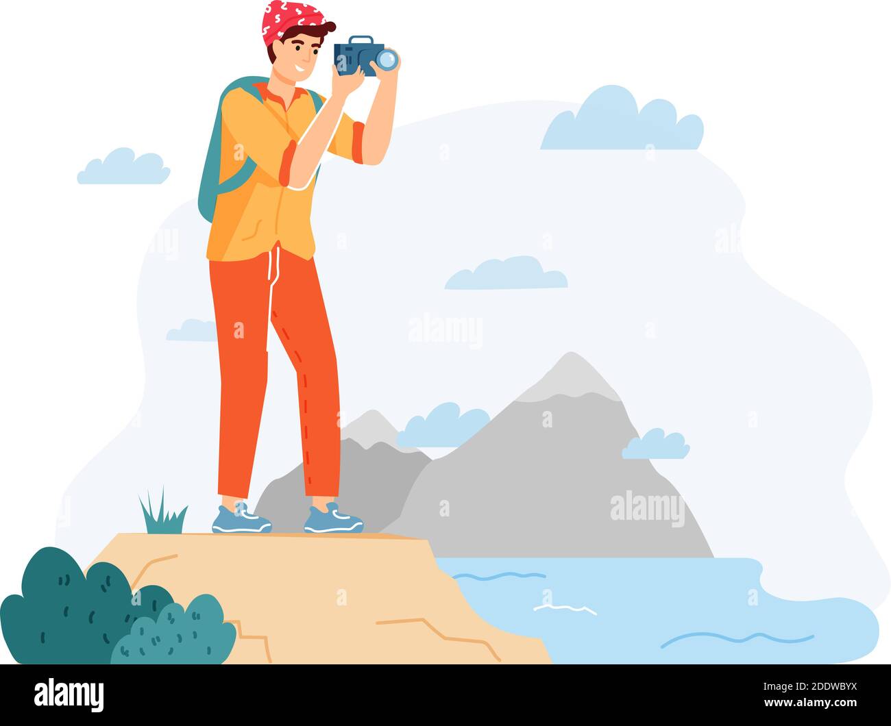 Uomo escursionista scattando foto del paesaggio naturale. Guy viaggiatore con zaino che tiene la macchina fotografica e la vista dell'acqua di scatto Illustrazione Vettoriale