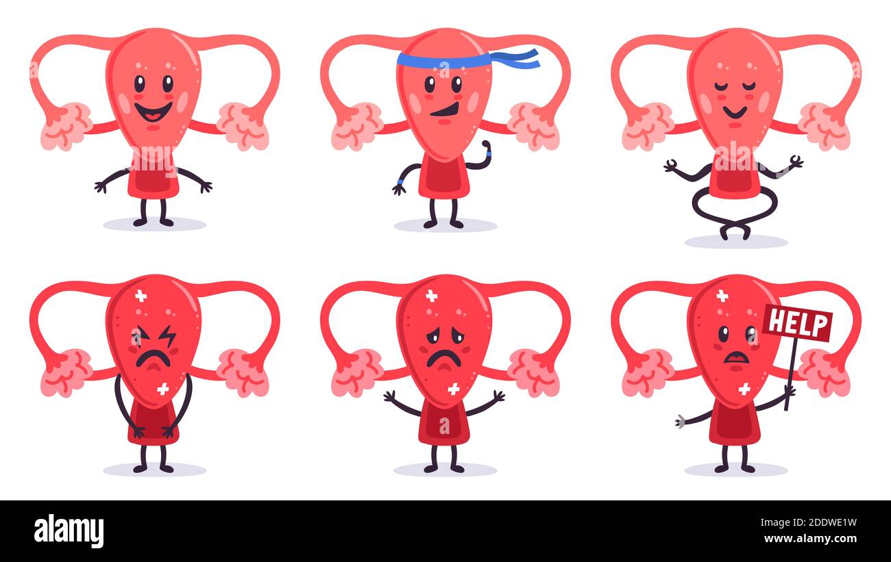 Carino caratteri utero. Donne sane e malate utero mascotte organo. Personaggi femminili del sistema riproduttivo con illustrazioni vettoriali di emozioni facciali Illustrazione Vettoriale