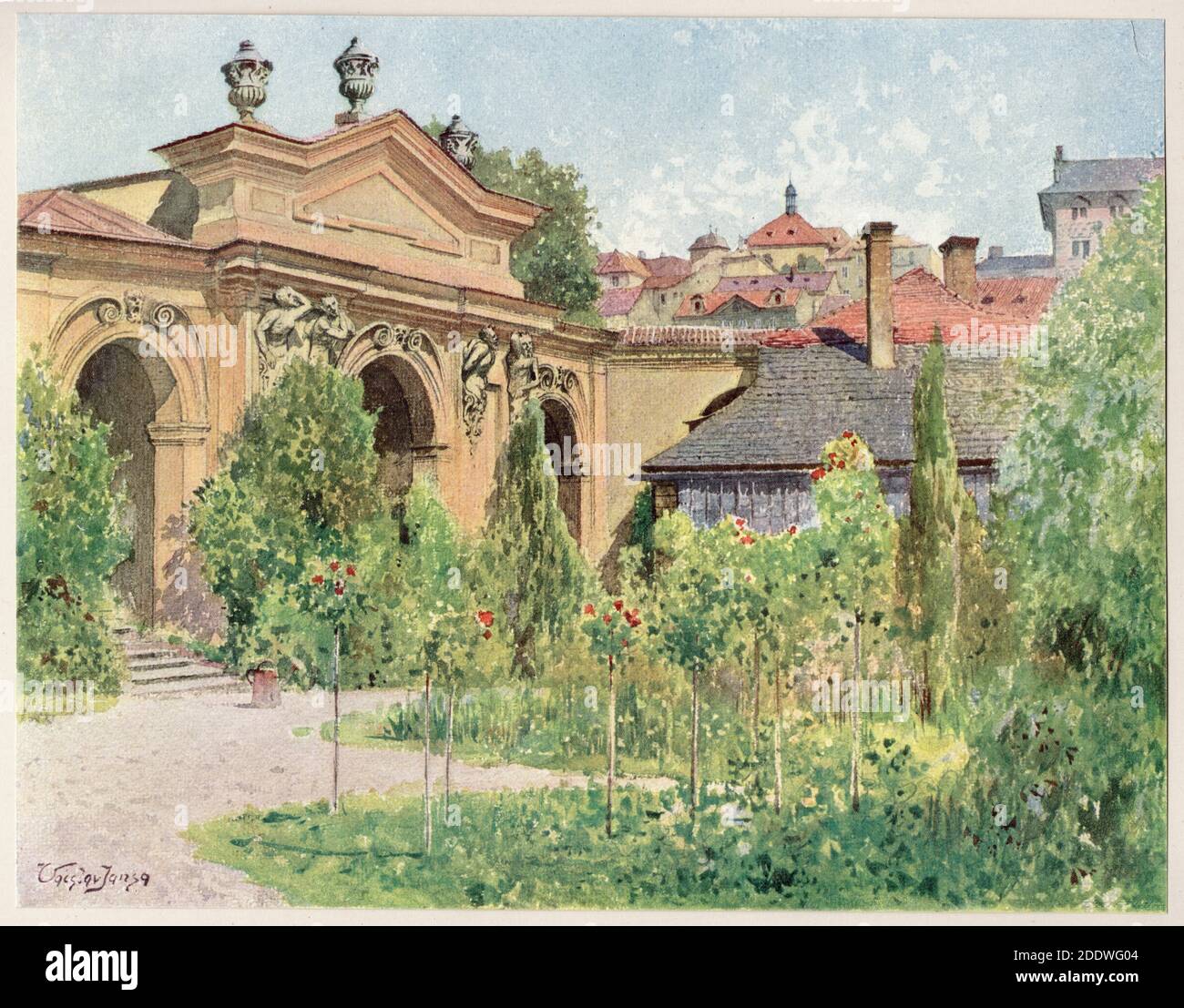 Sala terrena nel giardino del Palazzo Lobkowicz (Lobkovický palác) a Malá Strana (Václav Strana) a Praga raffigurata nel dipinto ad acquerello del pittore ceco Stará Jansa datato alla fine del XIX secolo dal suo ciclo Praga Vecchia (  Praha) Ordinato dal magistrato di Praga e pubblicato all'inizio del XX secolo dall'editore ceco Bedřich Kočí. Foto Stock