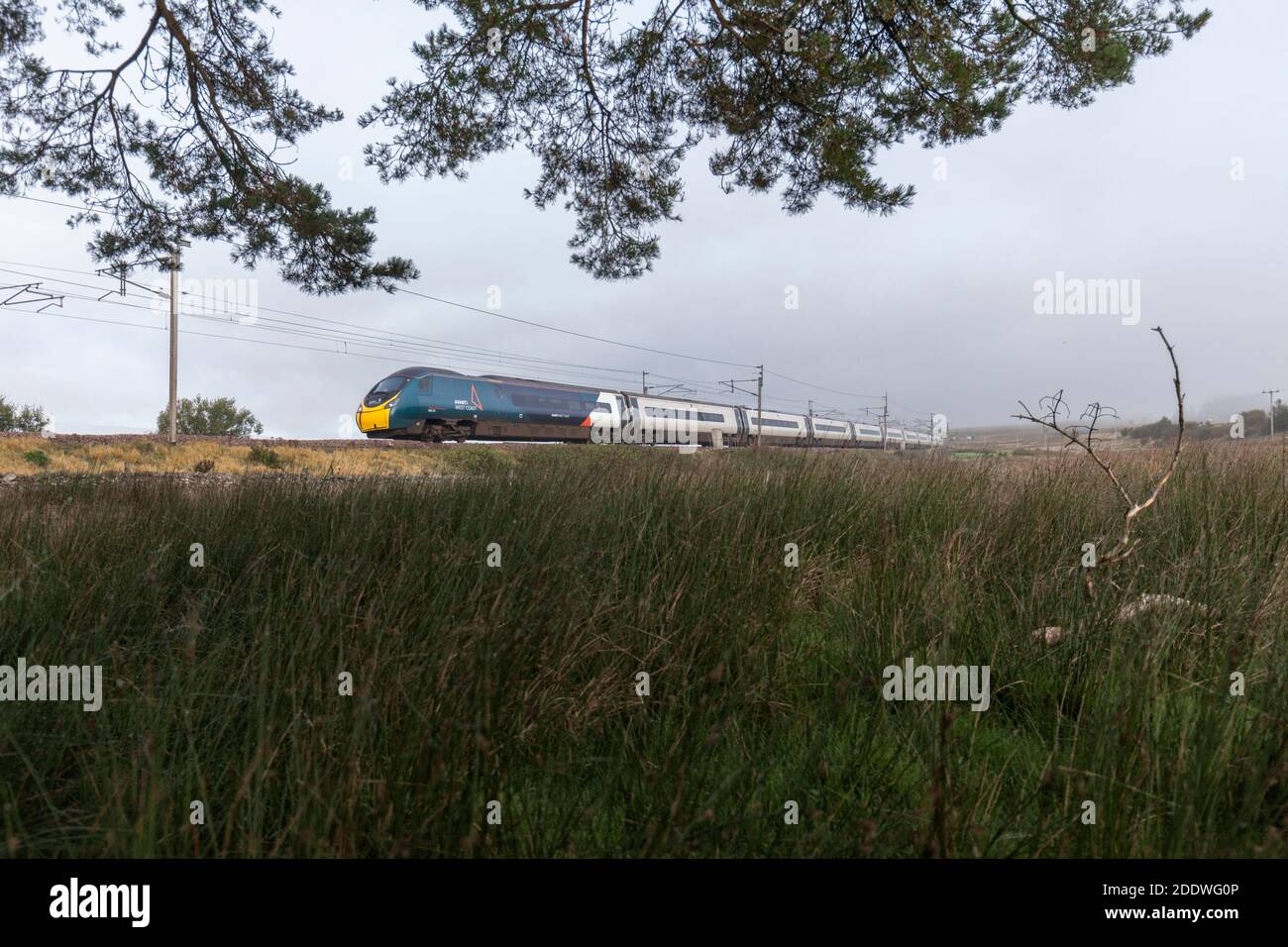 Avanti Costa Ovest treno pendolino 390121 che corre ad ovest Linea principale della costa passando per la campagna Cumbriana Foto Stock