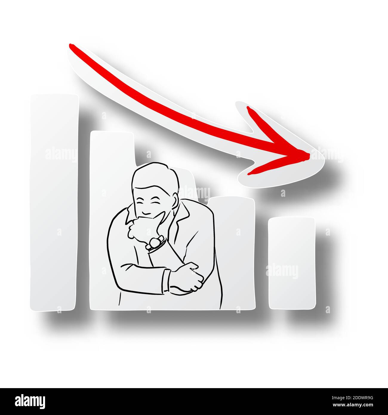 Vettore illustrazione linea nera mano disegnata di depresso uomo d'affari africano e grafico rosso che scende su carta tagliata con ombra isolato su sfondo bianco Illustrazione Vettoriale