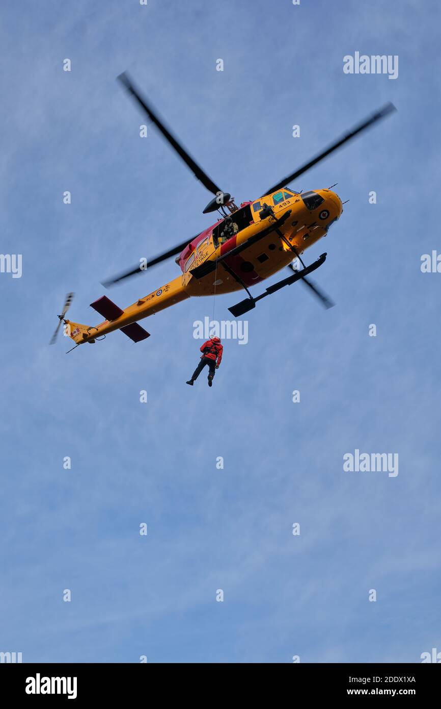 Northumberland County Forest, Ontario, Canada - 19 novembre 2020: Un elicottero Griffon delle forze armate canadesi pratica il sollevamento di un Search and Rescue te Foto Stock