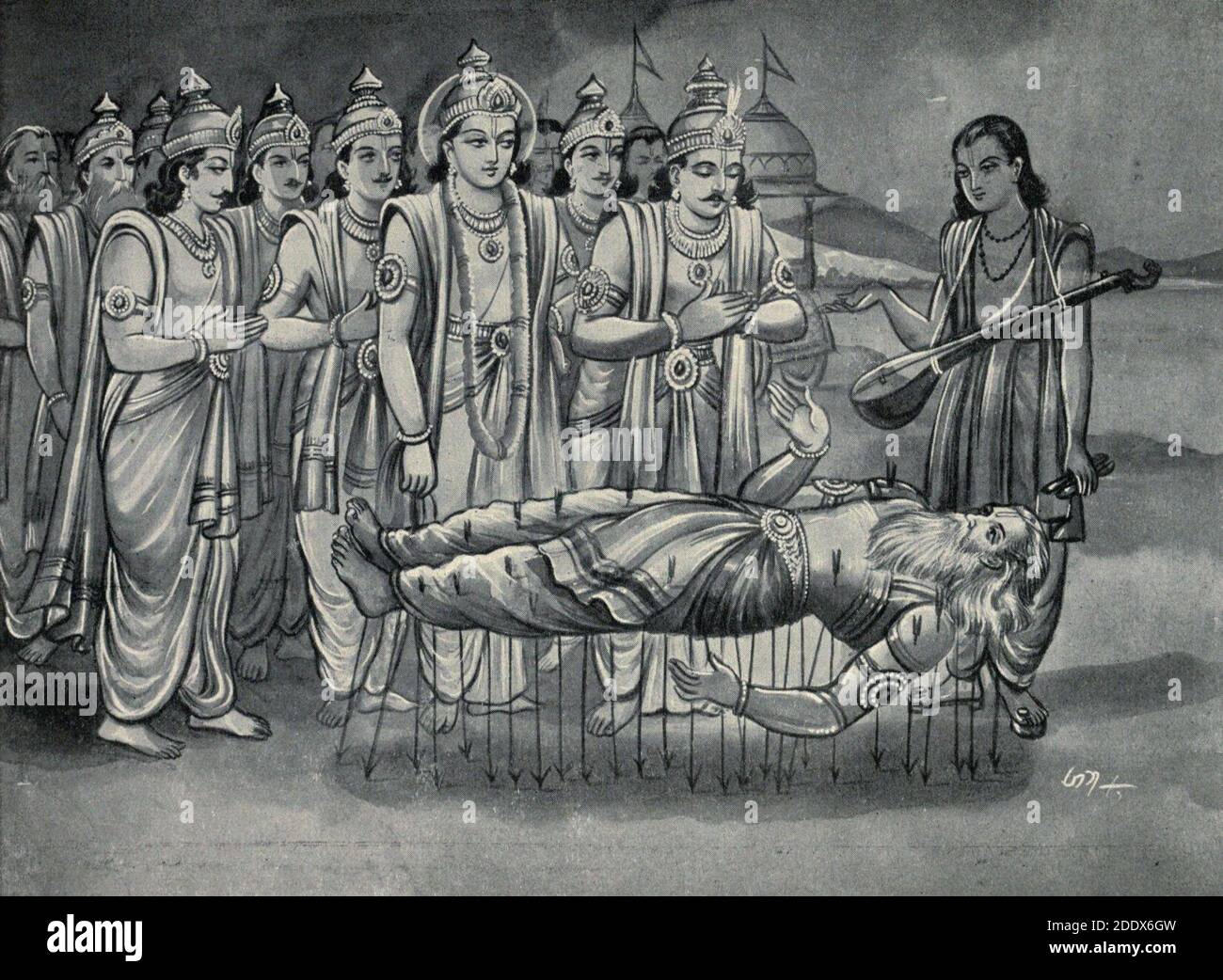 Krishna e Pandavas insieme a Narada conversano con Bhishma che è sul letto delle frecce. Foto Stock