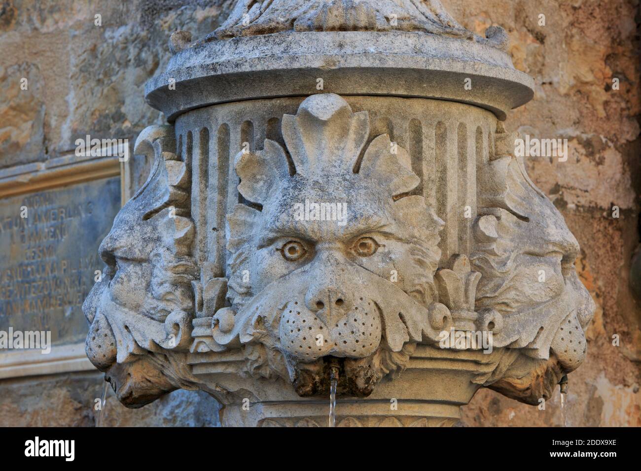 Primo piano della fontana dei leoni in Piazza del mercato (Piazza Gundulica) a Dubrovnik, Croazia Foto Stock