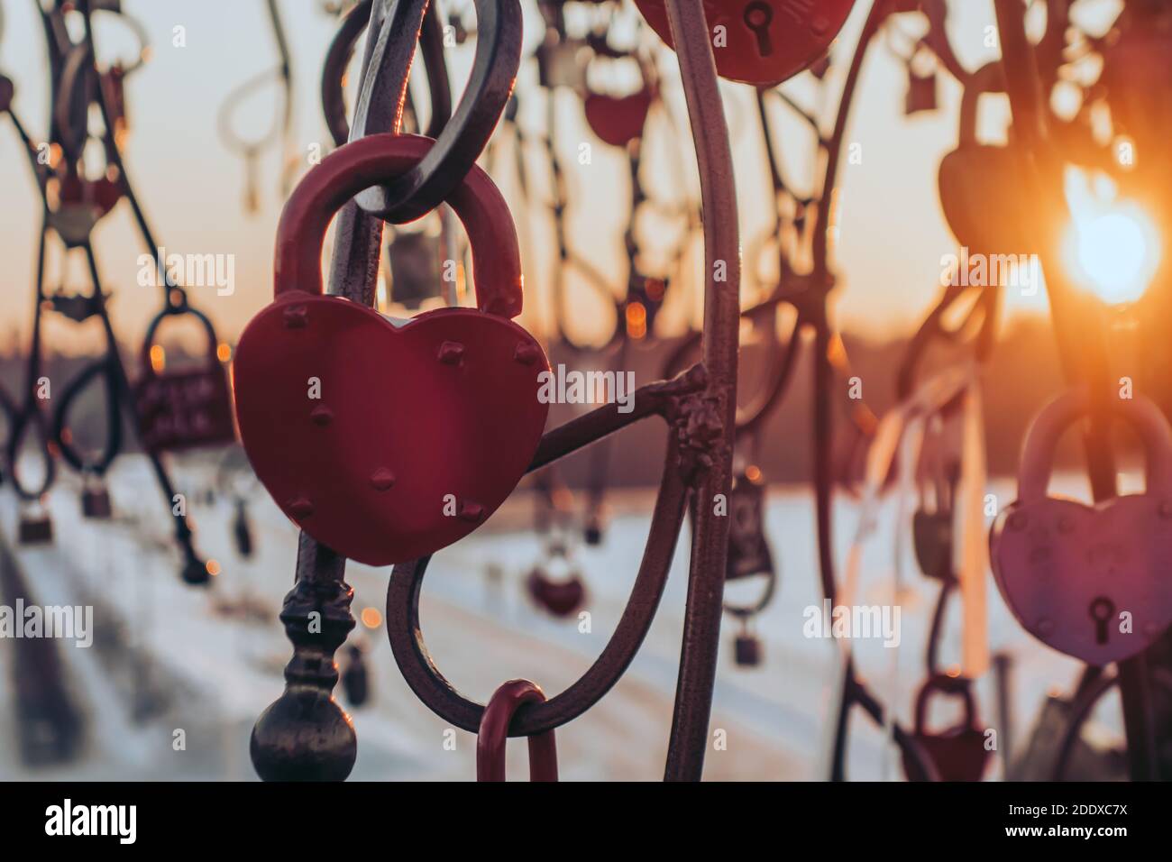 Primo piano del castello sull'albero metallico degli sposi novelli innamorati sotto forma di cuore, simbolo di amore eterno. Concetto di San Valentino. Foto Stock