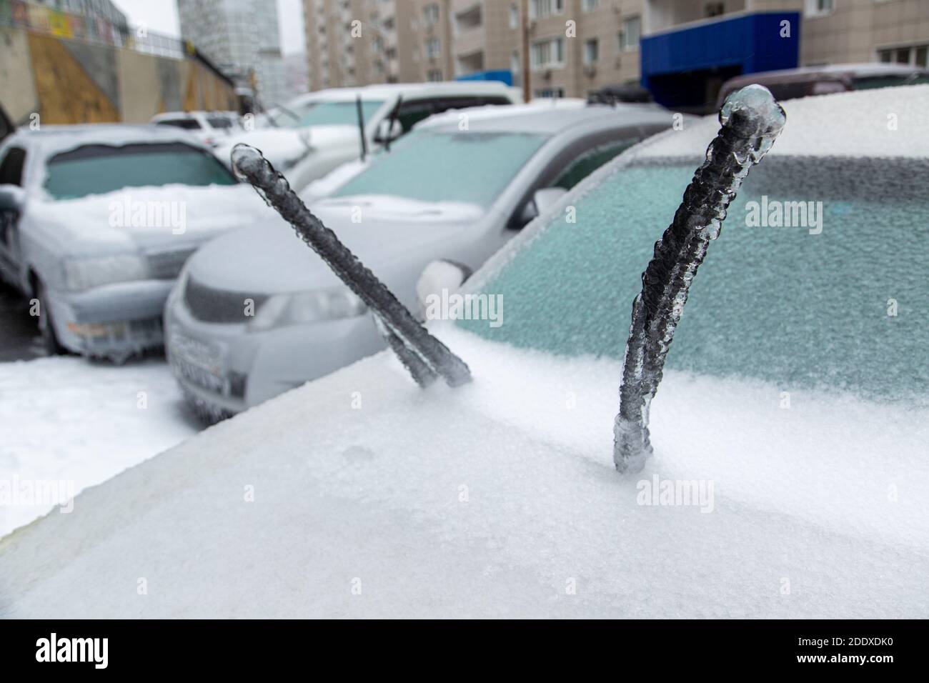 I panni di un'auto bianca sono molto ghiacciati a causa della neve bagnata in inverno. Bloccato da ghiaccio. Foto Stock