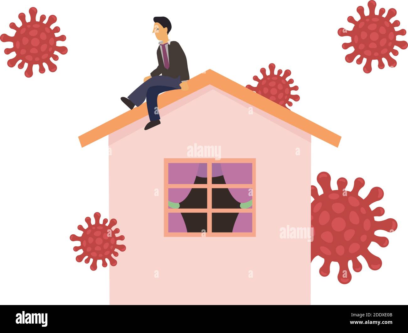 Uomo sul tetto. Solitudine e depressione dal divaricarsi sociale, isolato rimanere a casa da solo nella crisi del coronavirus COVID-19. Triste infelice uomo depresso surru Illustrazione Vettoriale