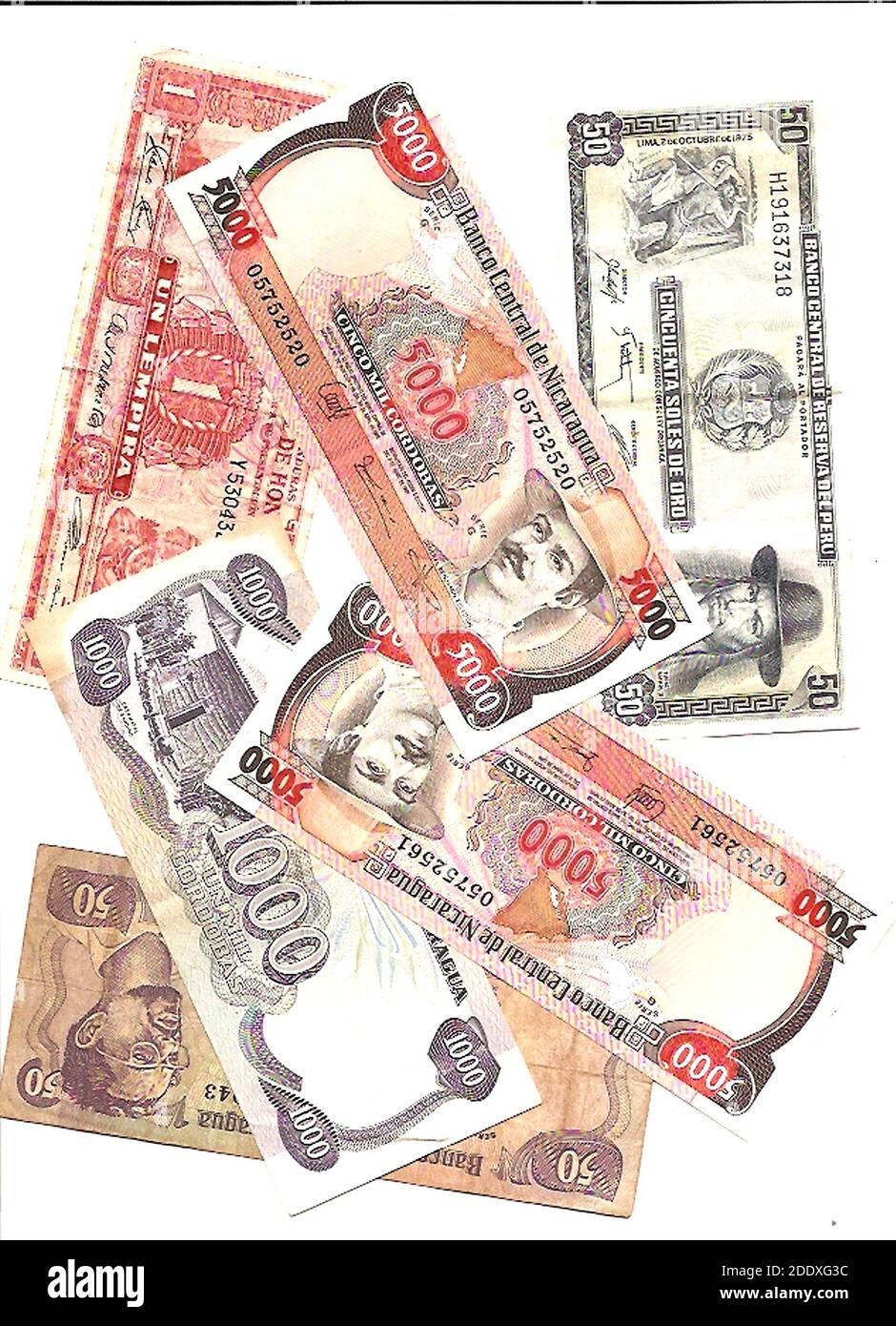 Valuta internazionale - banconote di denominazione enormi dal Nicaragua durante l'iper periodo di inflazione Foto Stock