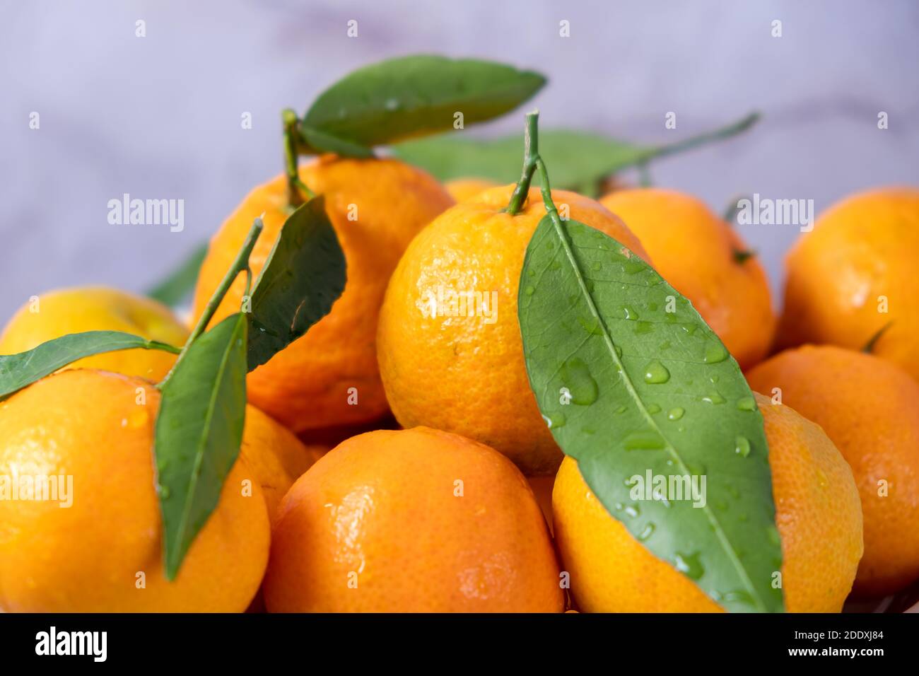 Mandarino fresco arance frutta o mandarini con foglie sulla tavola. Fresco succoso mandarini clementini, frutta invernale Foto Stock