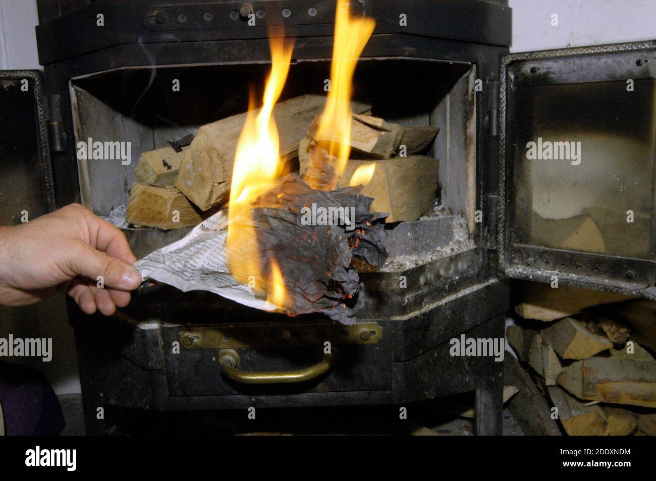 accendo i tronchi o la legna da ardere nel forno, una risorsa di energia rinnovabile per il riscaldamento Foto Stock