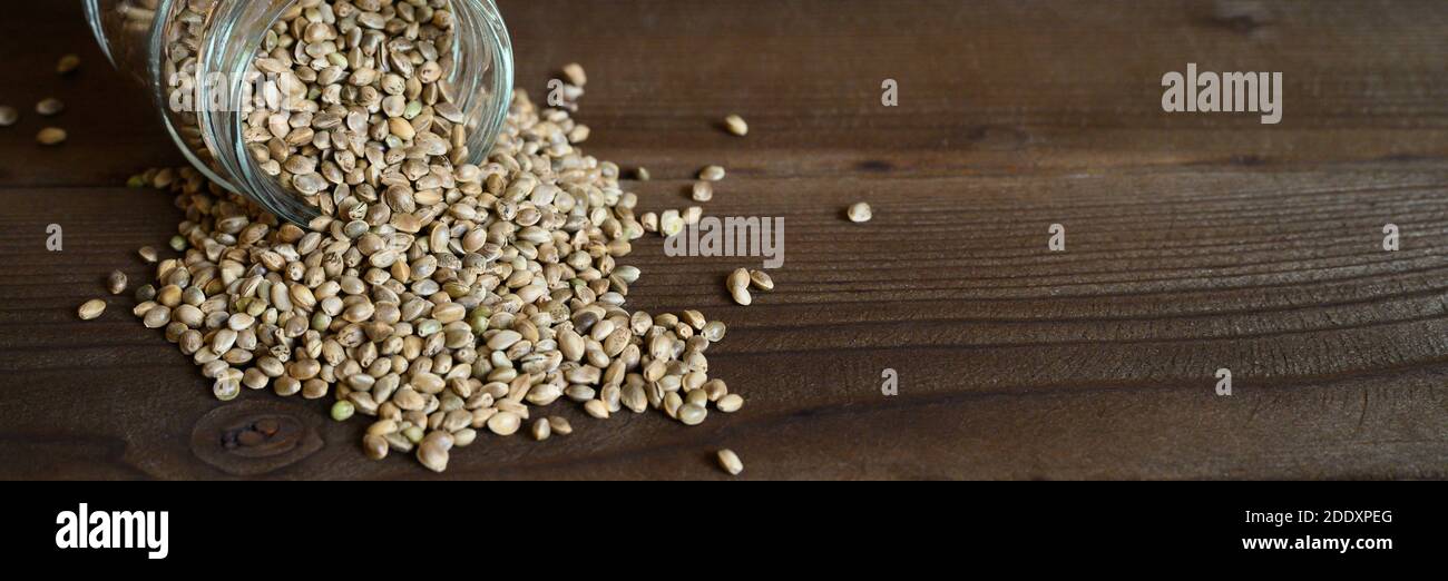 semi alimentari di canapa essiccati organici che fuoriescono dal vaso di vetro su uno sfondo di legno. spazio per testo. banner Foto Stock