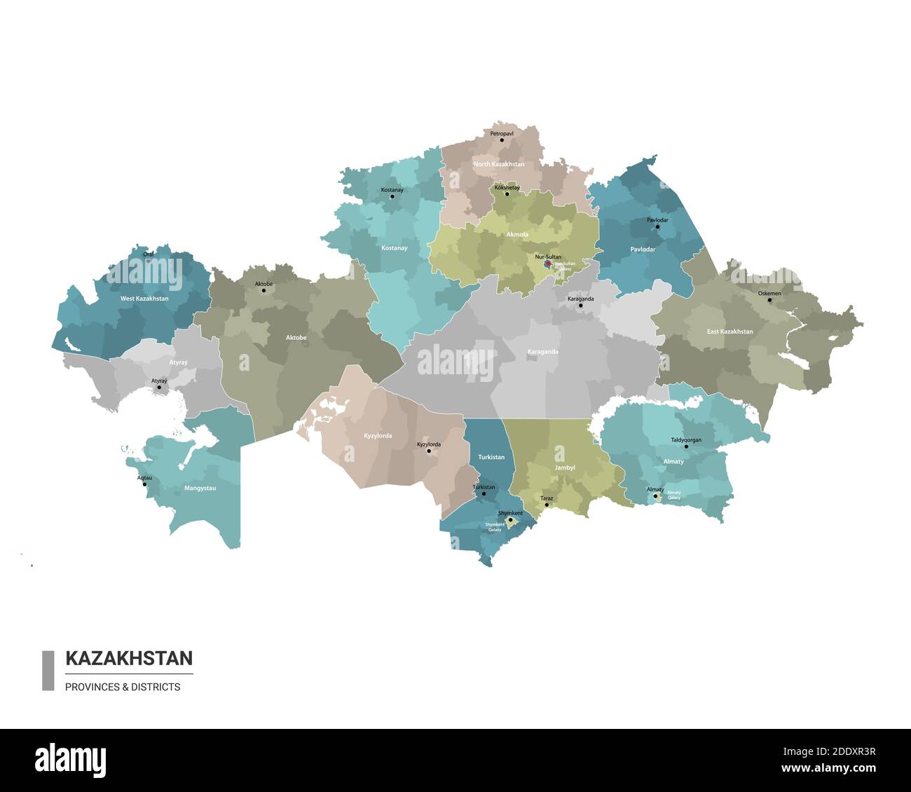 Kazakhstan higt Mappa dettagliata con suddivisioni. Mappa amministrativa del Kazakhstan con i distretti e le città nome, colorato per stati e amministrativo Illustrazione Vettoriale