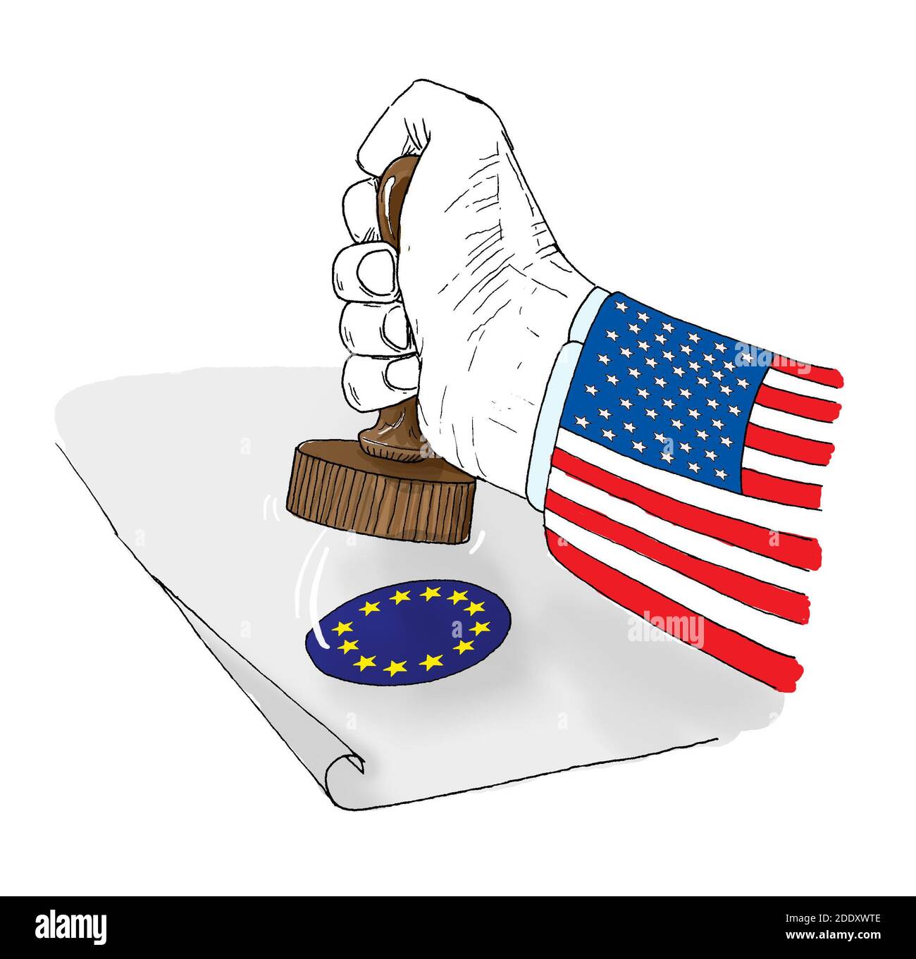 Logo dell'Unione europea con la bandiera degli Stati Uniti American Man Hand Stamping Su carta bianca | disegno grafico a disegno con struttura in caricatura Foto Stock