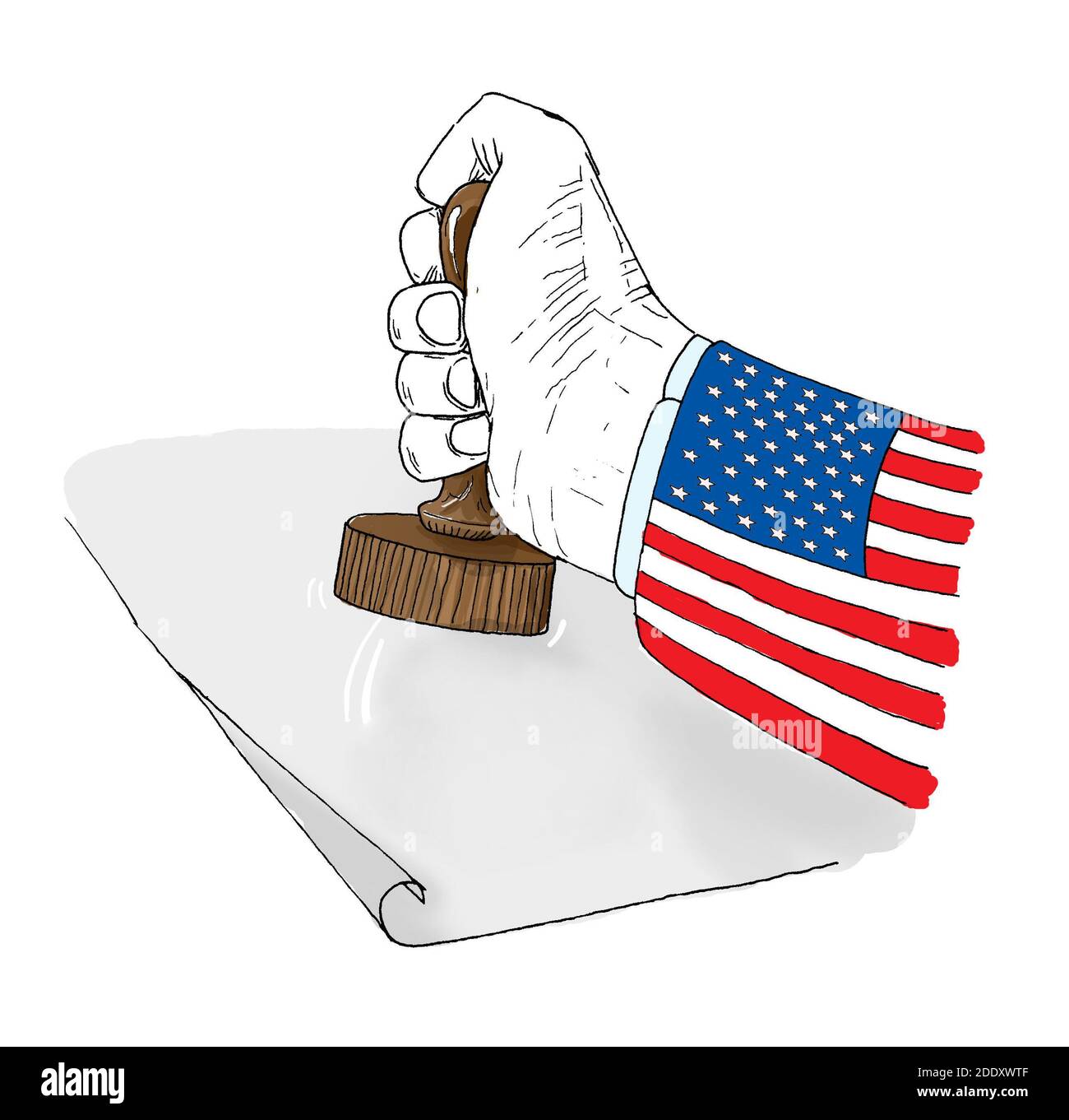 Bandiera degli Stati Uniti l'uomo americano sta battendo a mano su carta bianca Con timbro di legno di vecchio stile | disegno di illustrazione di contorno di caricatura Foto Stock