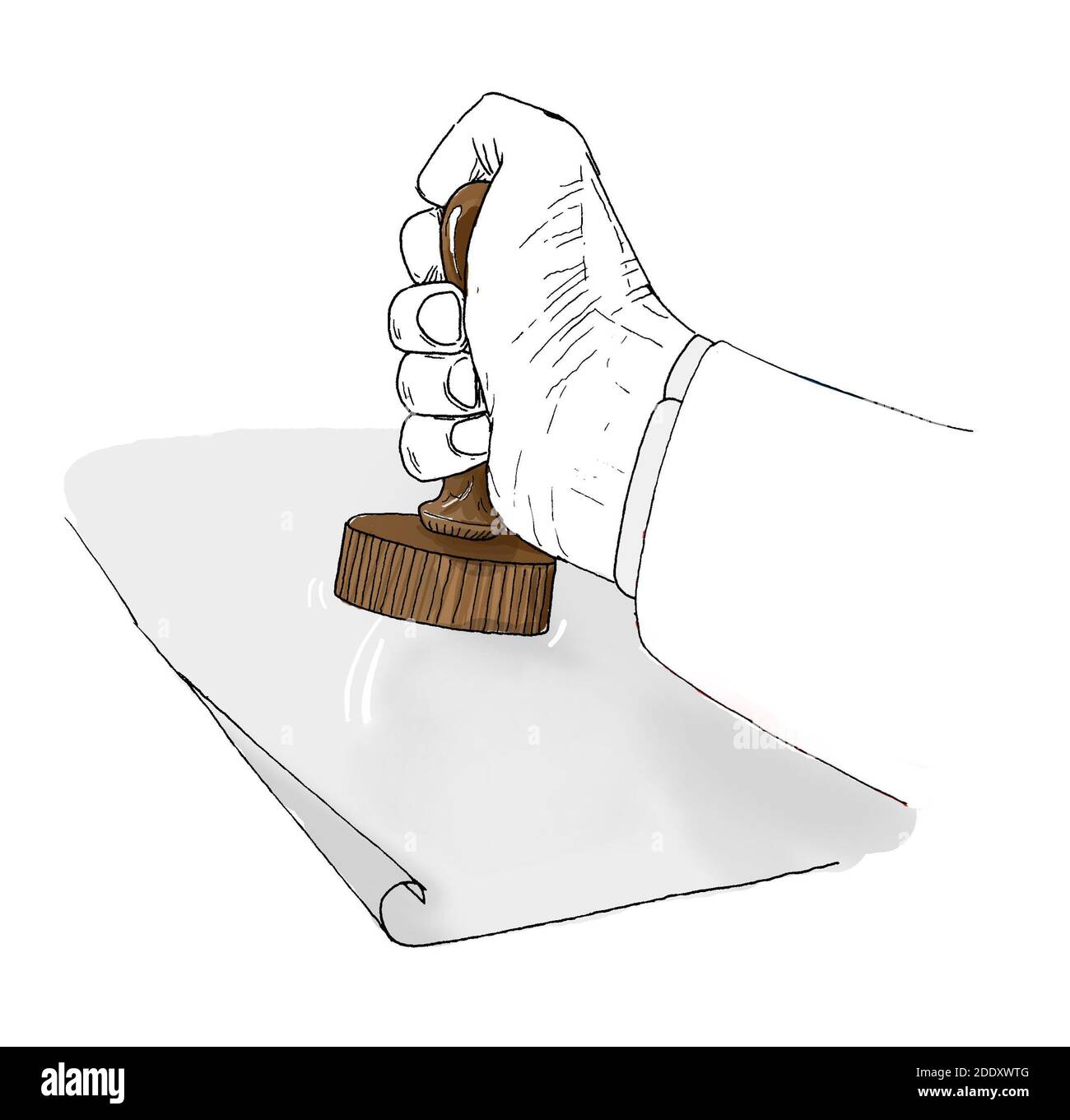 Mano dell'uomo stampaggio su carta bianca con legno vecchio stile Timbro | disegno grafico del contorno della caricatura Foto Stock