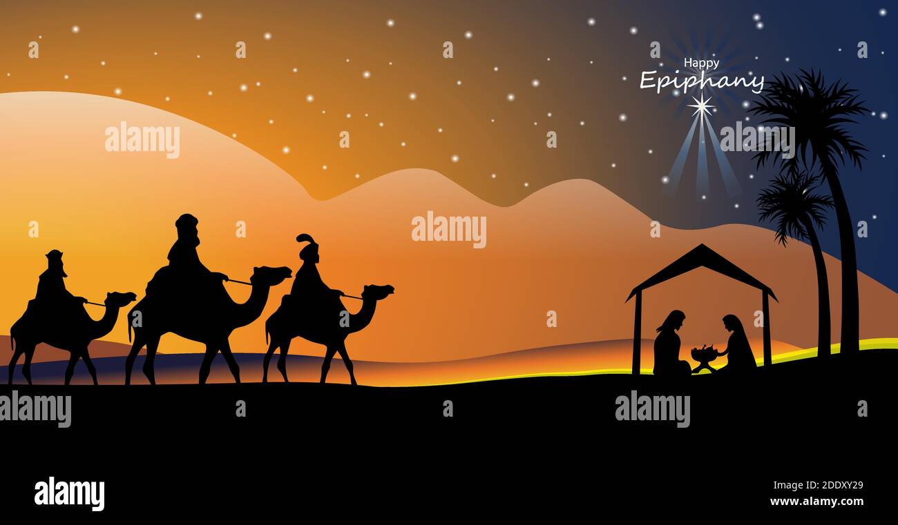 Illustrazione vettoriale di Epifania, una festa cristiana. Gesù Cristo subito dopo la sua nascita. Astratto 3 re che guardano la stella in oscuro sfondo di notte Illustrazione Vettoriale