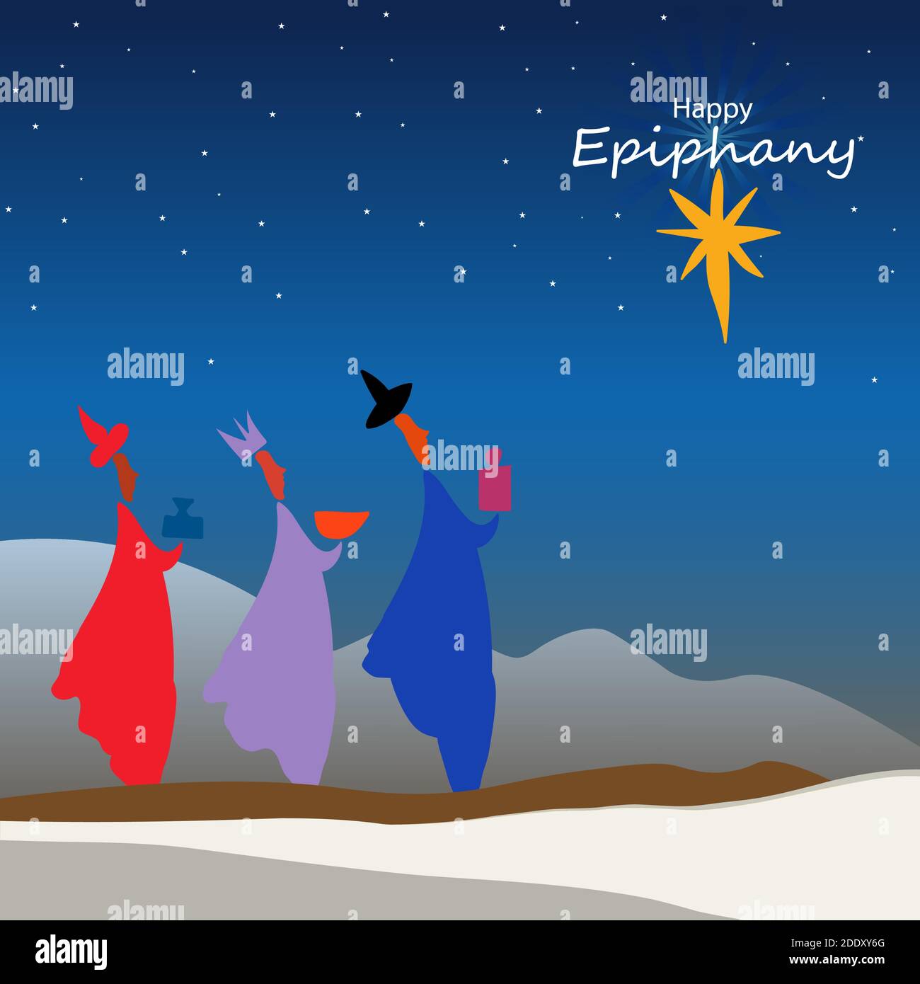 Illustrazione vettoriale di Epifania, una festa cristiana. Gesù Cristo subito dopo la sua nascita. Astratto 3 re che guardano la stella in oscuro sfondo di notte Illustrazione Vettoriale