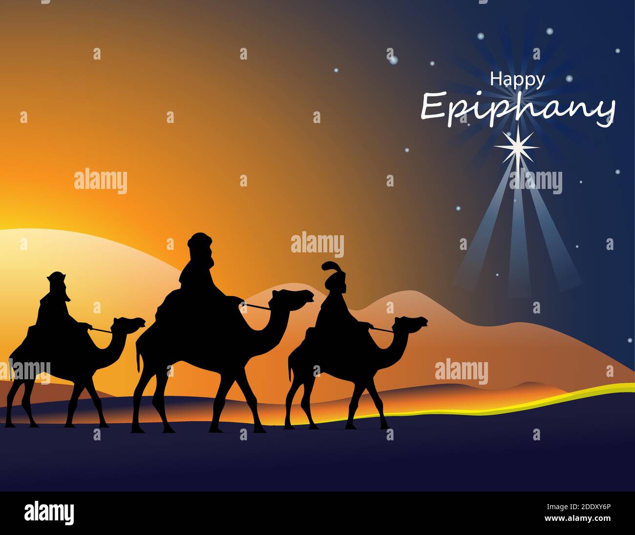 Illustrazione vettoriale di Epifania, una festa cristiana. Gesù Cristo subito dopo la sua nascita. Astratto 3 re che guardano la stella in oscuro sfondo di notte Illustrazione Vettoriale