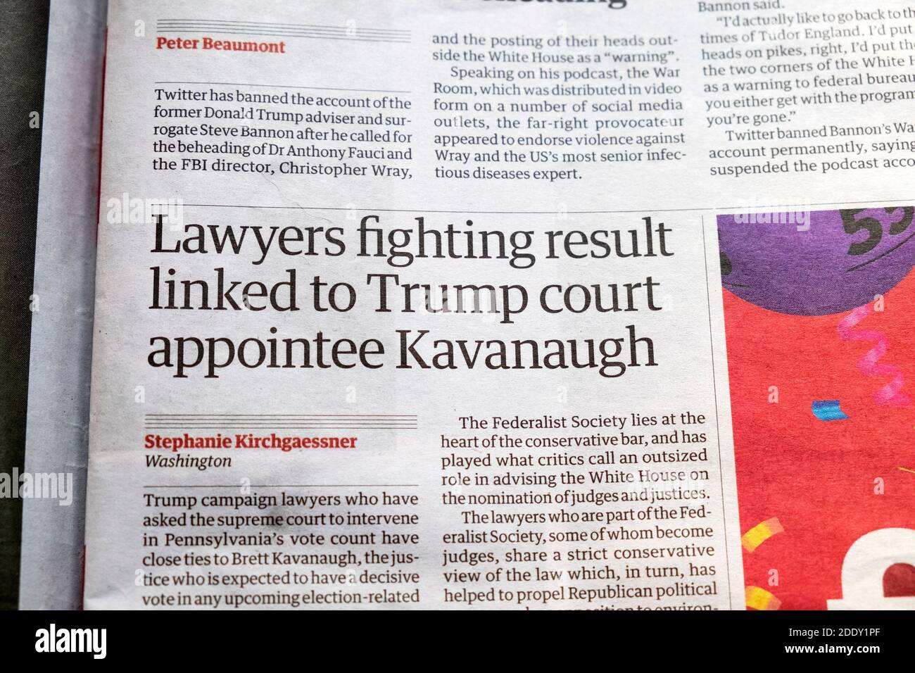 "Gli avvocati combattono il risultato legato alla nomina di Kavanaugh alla corte di Trump" Guardian Titolo dell'articolo del giornale Novembre 2020 Londra UK Foto Stock