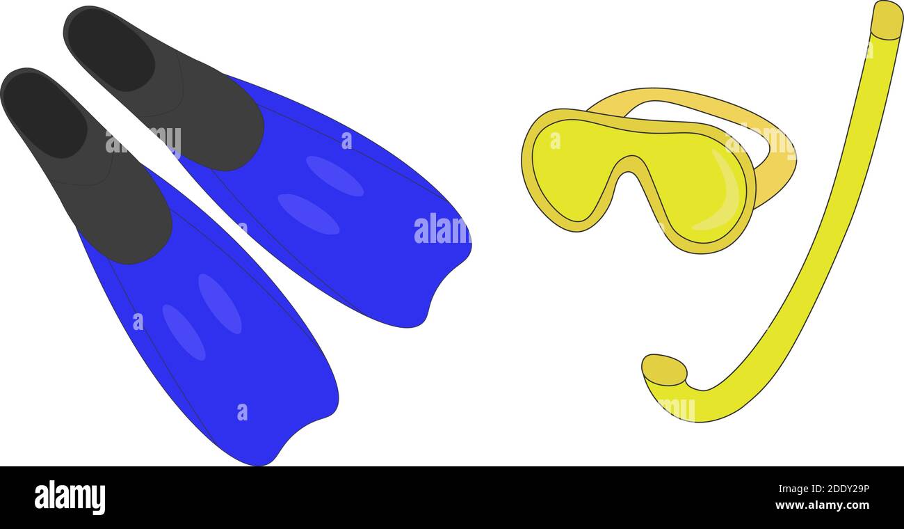 Un set di pinne e una maschera con snorkeling per immersioni. Attrezzature per immersioni. Illustrazione Vettoriale