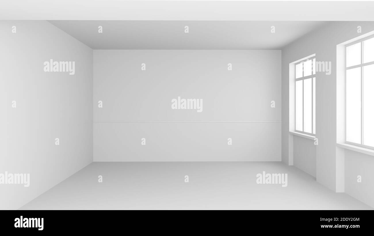 Spazio vuoto all'interno dell'abitacolo, illustrazione 3d realistica. Camera bianca astratta, parete vuota. Luce bianca realistica nella stanza. Splendido sfondo per Foto Stock