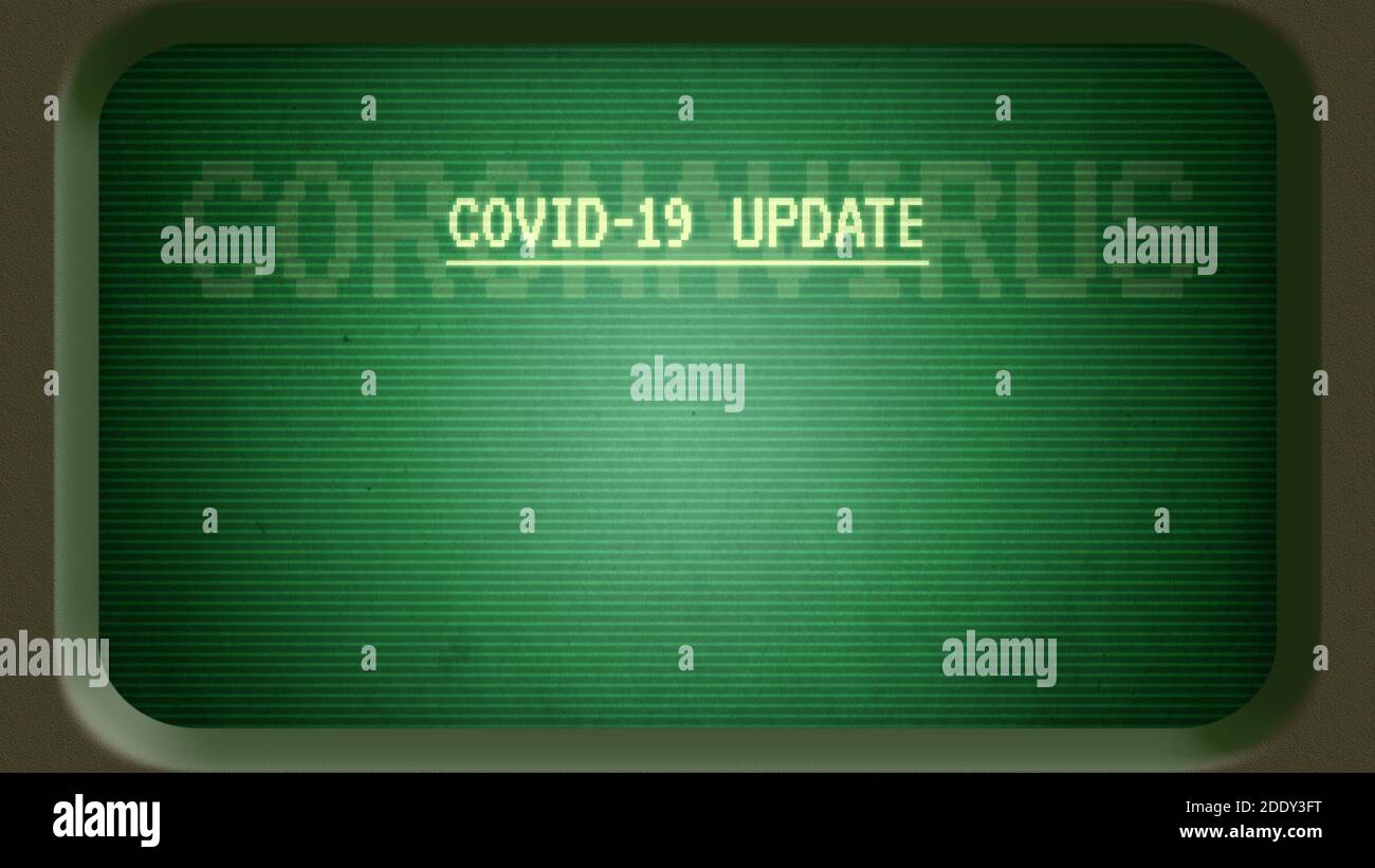 Modello di referto Covid-19 sul vecchio schermo verde del monitor del terminale del computer Foto Stock