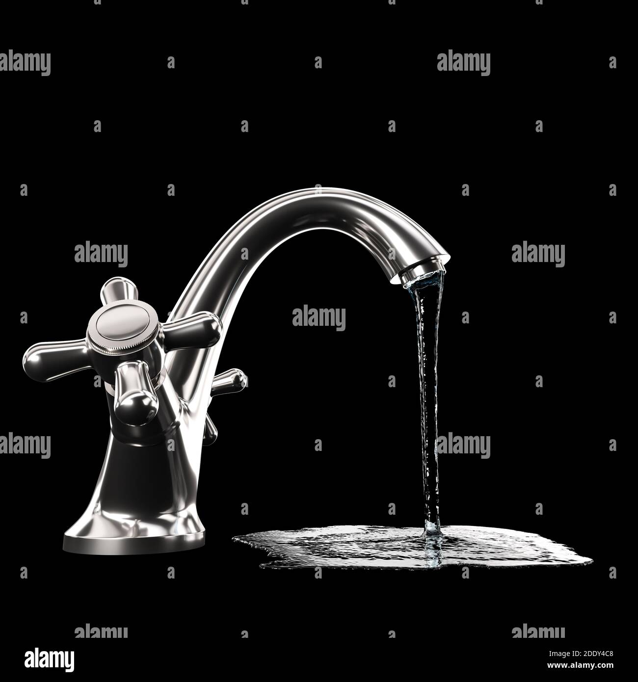 rubinetto cromato e acqua che cade sul pavimento nero. rendering 3d. Foto Stock