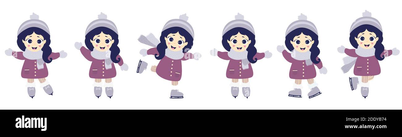 Sport invernali e ricreazione. Cute ragazza ghiaccio che pattina in diverse posizioni. Illustrazione vettoriale. Isolato su sfondo bianco. Collezione per bambini. Piatto Illustrazione Vettoriale