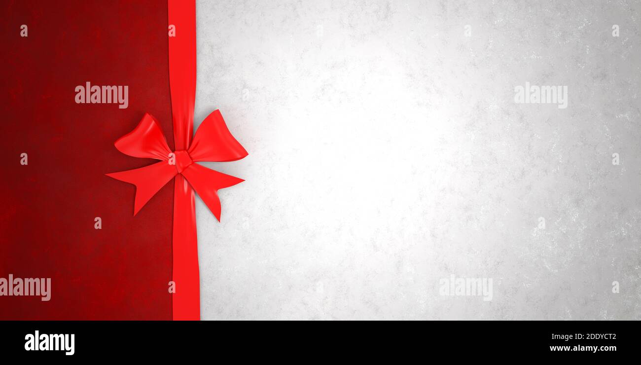 Il festoso sfondo rosso e bianco è fatto di carta acquerello e nastro rosso legato con un arco. Illustrazione con un effetto di tessitura del marmo. Rendering 3D Foto Stock