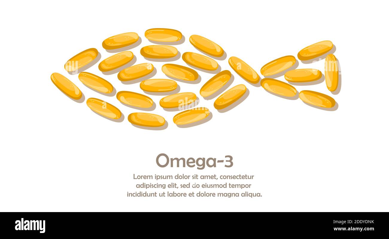 Modello con spazio per il testo con capsule di olio di pesce. Additivo biologicamente attivo. Omega-3 Illustrazione Vettoriale