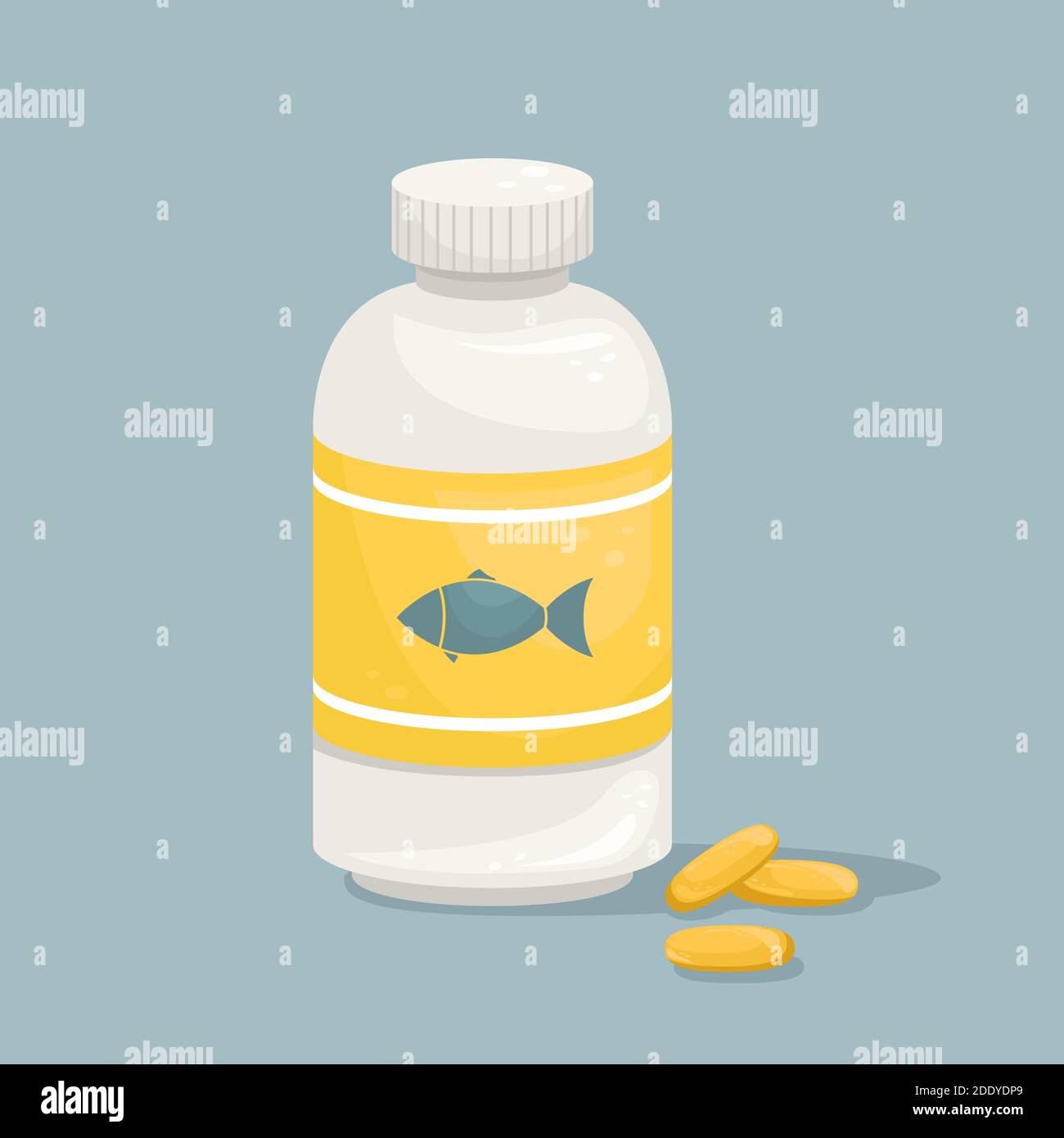 Una bottiglia di capsule di olio di pesce. Additivo biologicamente attivo. Omega-3 Illustrazione Vettoriale