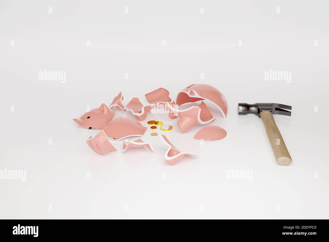 Banca piggy rotta con alcune monete accanto ad un martello isolato su sfondo bianco. Concetto di crisi. illustrazione 3d. Foto Stock